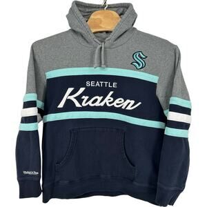 Men's Grey Blue Mitchell & Ness NHL Seattle Kraken Hockey Script Hoodie 2XL